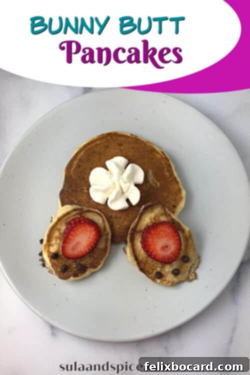 Promotional image for Bunny Butt Pancakes, featuring a vibrant pin-friendly graphic of the finished pancake dish, inviting readers to save the recipe for a fun and easy Easter breakfast.