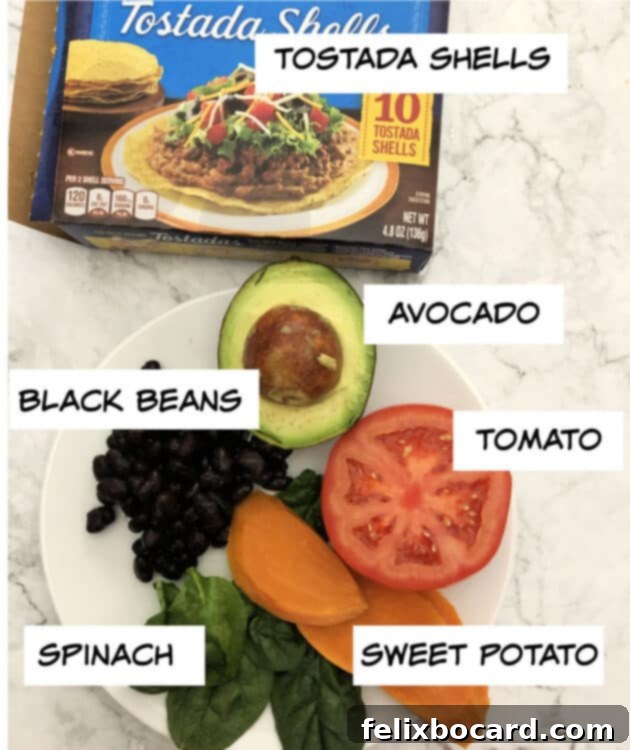 Ingredients: black beans, spinach, sweet potato, tomato, avocado, tostado shells