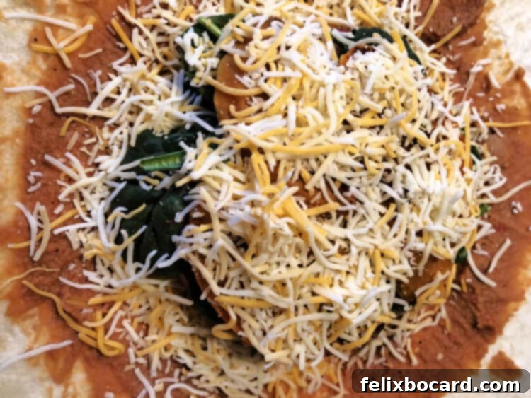 cheese sprinkled over the entire filling area