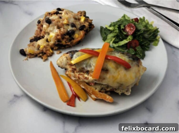 Fajita stuffed chicken on a plate with rice and a salad
