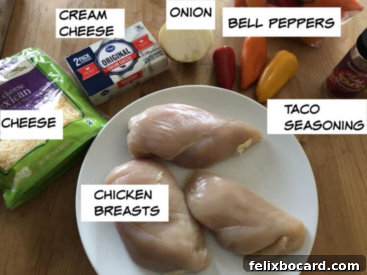Ingredients: chicken breasts, cheese, cream cheese, onion, peppers and taco seasoning