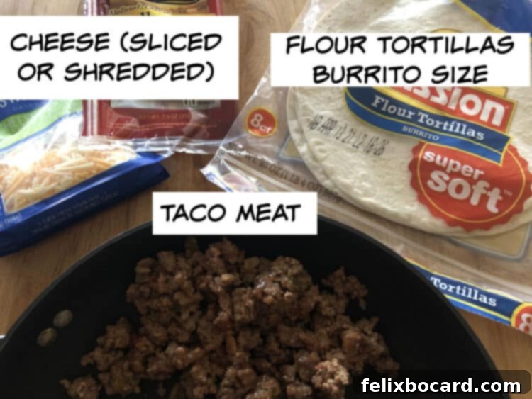 ingredients: taco meat, cheese, soft tortilla