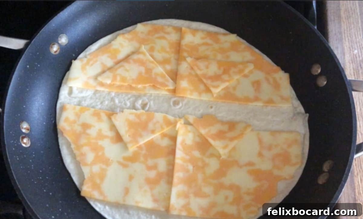 Tortilla in pan with a layer of deli sliced cheese.