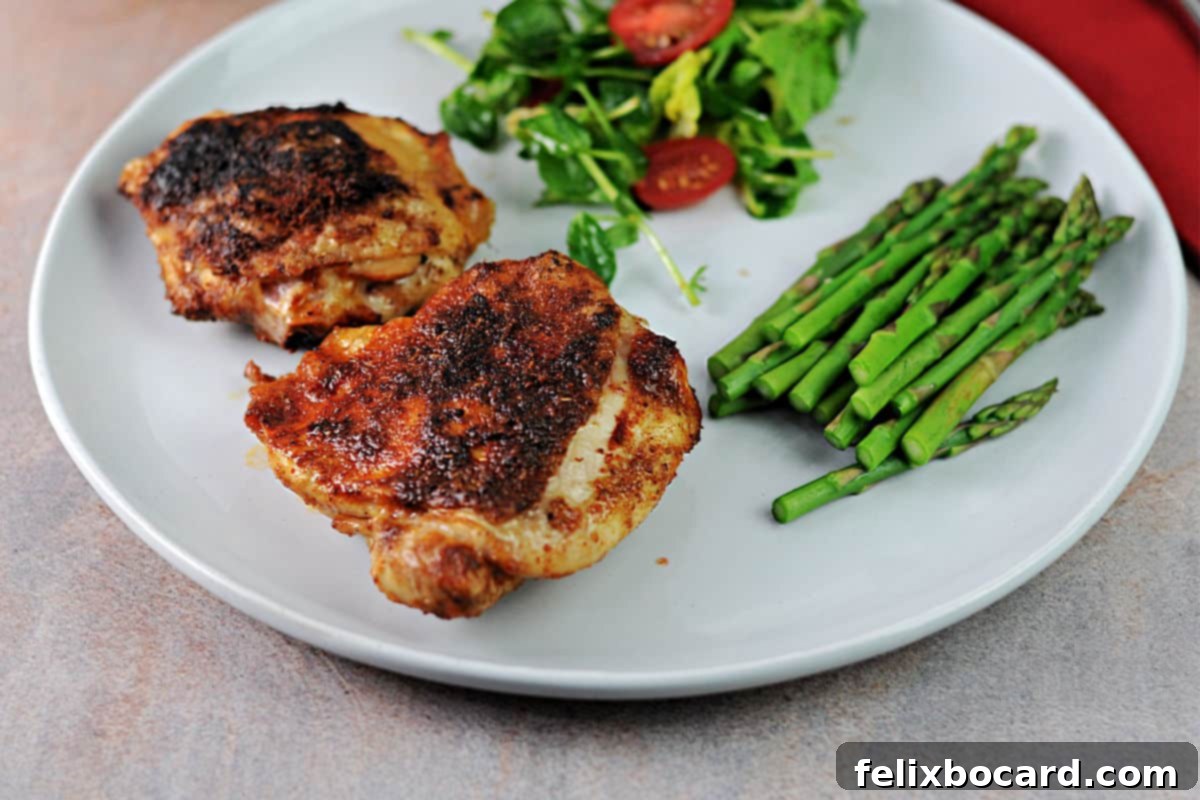 Plate of crispy air fryer chicken thighs served with a side of steamed asparagus and a fresh green salad.