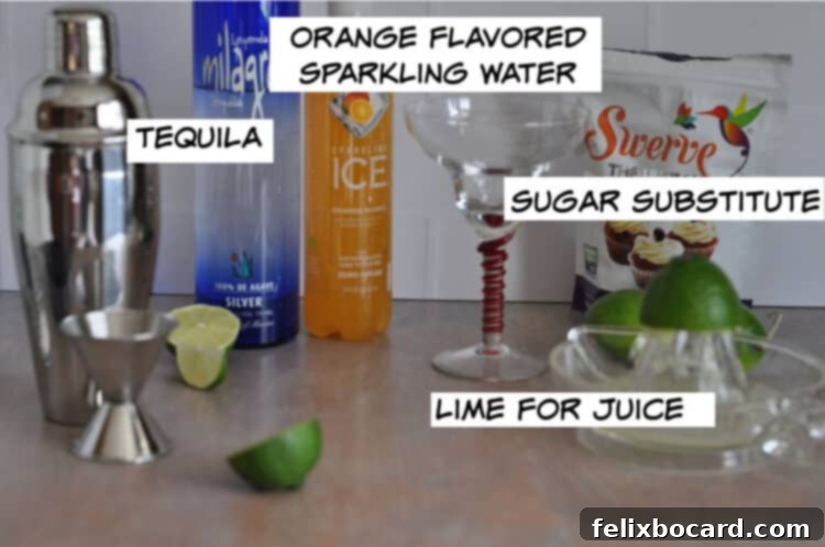 Collection of keto margarita ingredients: tequila bottle, lime, powdered sweetener, and orange-flavored sparkling water.