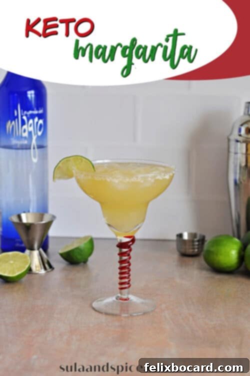 Pin for Keto Margarita - vertical image of the drink for social media sharing.