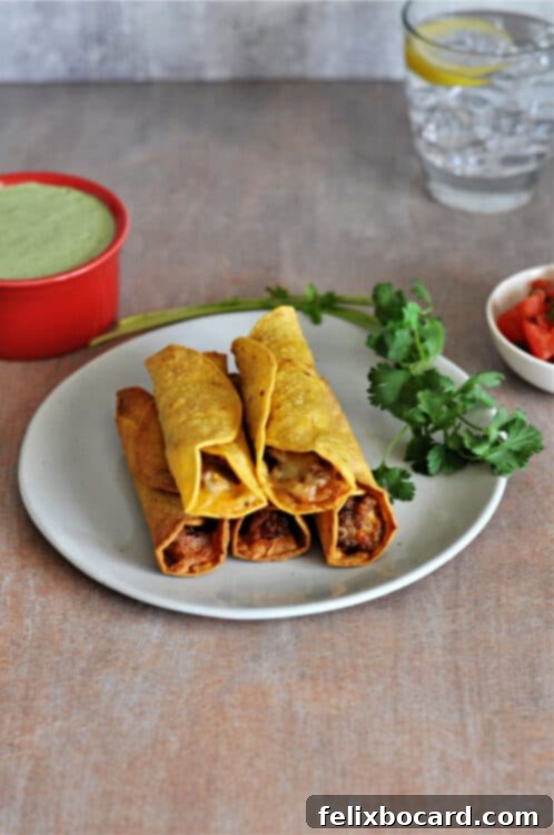 Close-up of golden-brown Air Fryer Taquitos on a small plate, perfectly cooked and ready to serve.