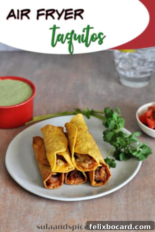 Vertical shot of crispy Air Fryer Taquitos with dipping sauces and cilantro, ideal for a recipe pin.