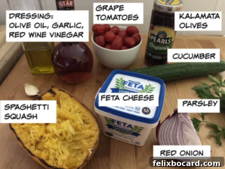 Vibrant Mediterranean Spaghetti Squash Bowl 3 Ingredients: spaghetti squash, tomatoes, cucumber, olives, parsley, onion, feta cheese