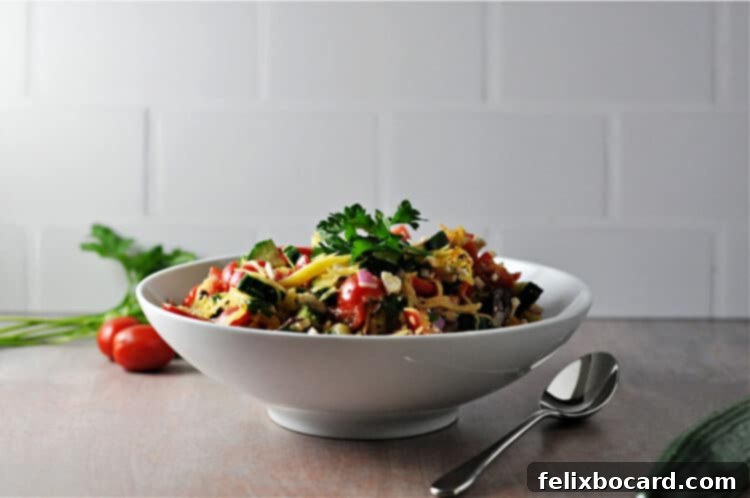 Vibrant Mediterranean Spaghetti Squash Bowl 5 Side view of Mediterranean spaghetti squash salad in a serving bowl