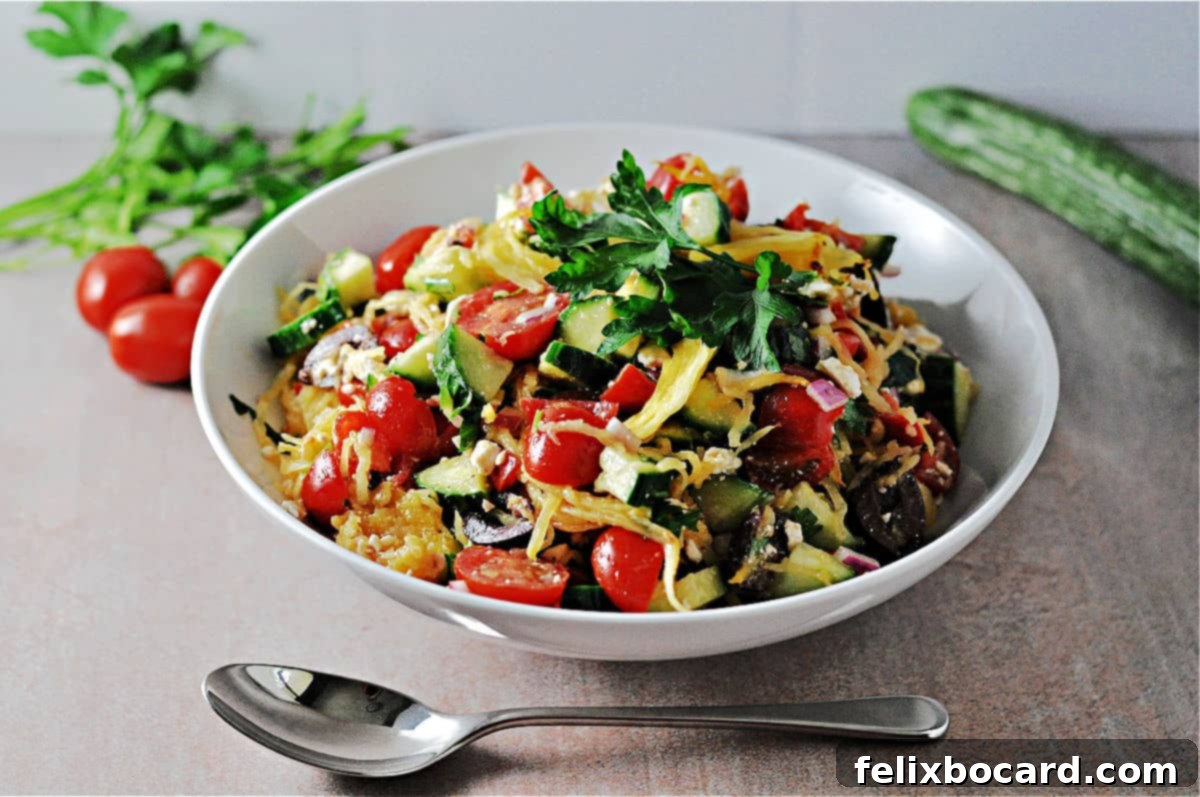 Vibrant Mediterranean Spaghetti Squash Bowl 6 Bowl of spaghetti squash salad.