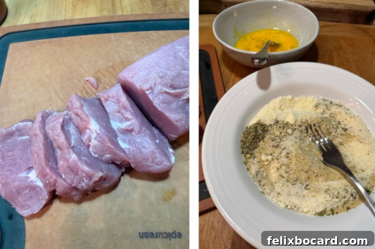 Getting the pork ready for coating.