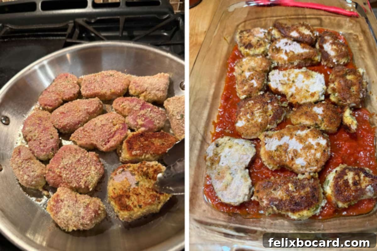 Browning the coated pork.