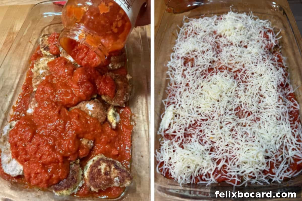 Adding the rest of the sauce and cheese to the baking dish.