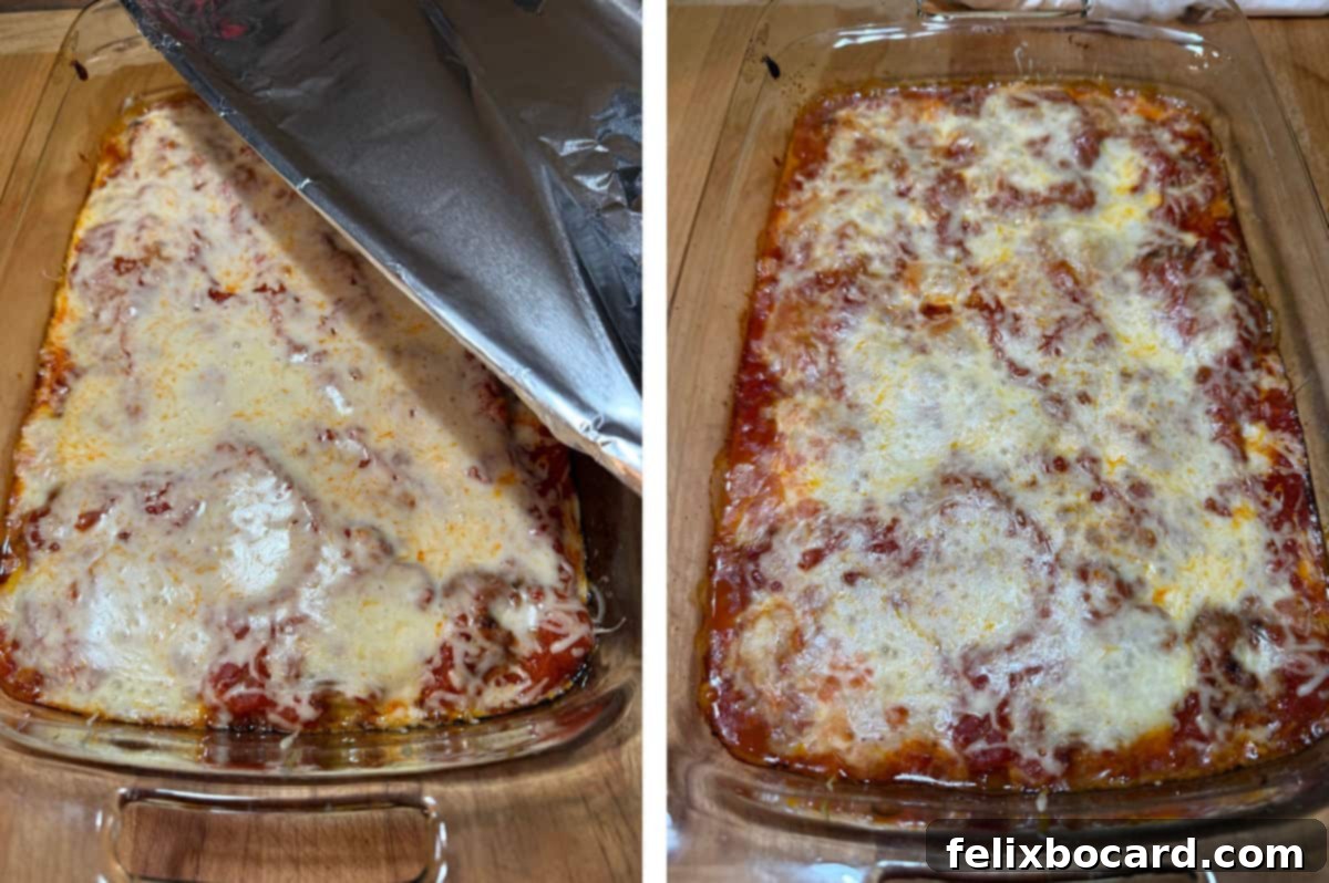 Baking the pork Parmesan until hot and bubbly.